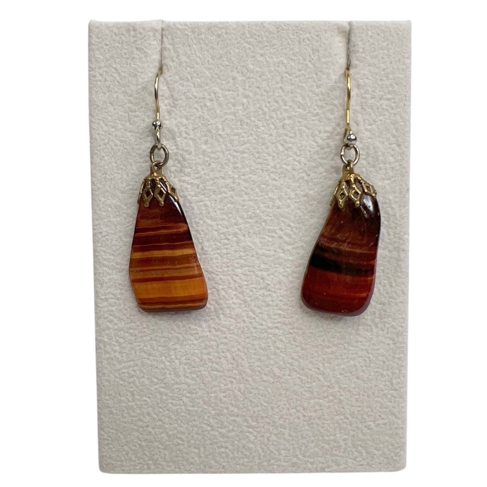 Red Agate Stone Slice Gold Tone Filigree Caps Pierced Earrings